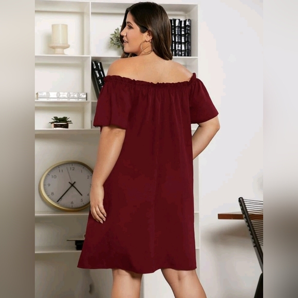 Burgundy Off Shoulder Frill Trim Tunic Dress Sz 1X - Picture 2 of 4